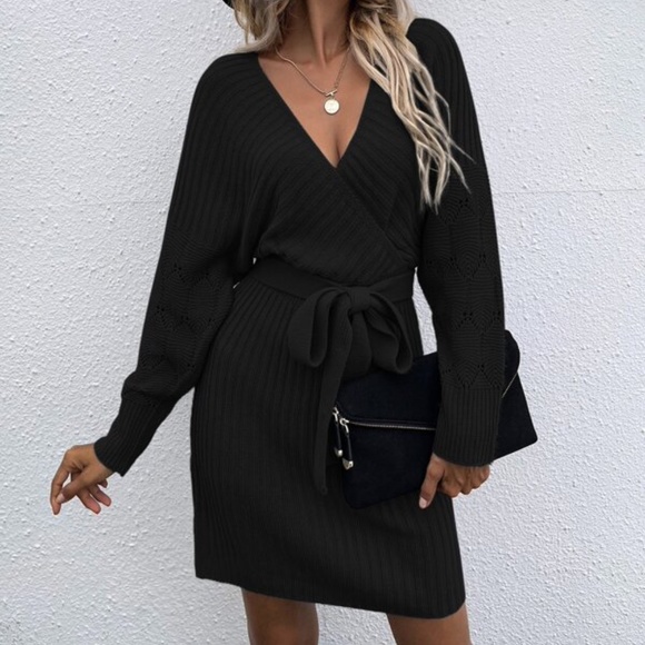 Cozy Burgundy  Cut out Back Belted Sweater Dress Minimalist - Picture 11 of 15